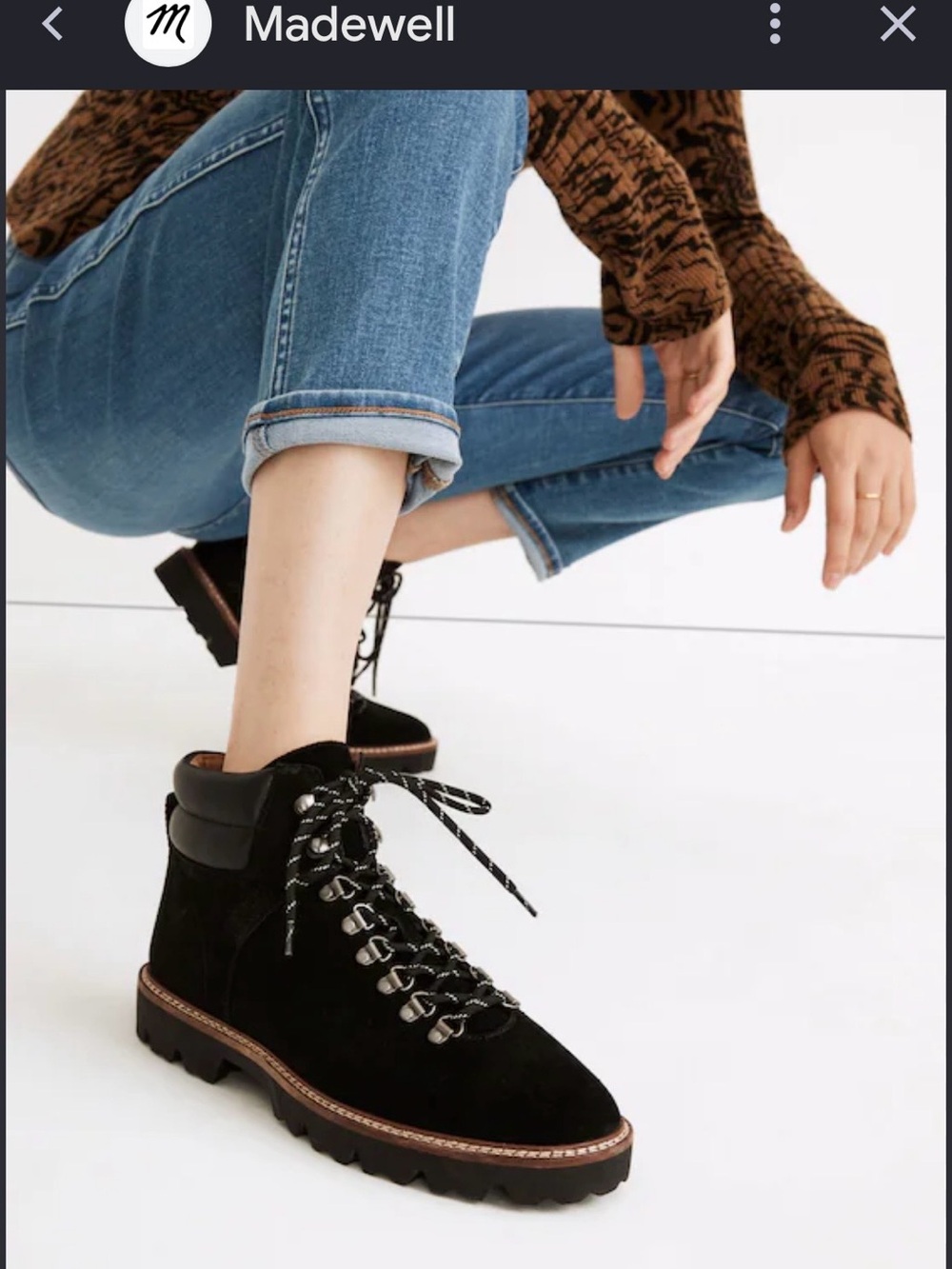 Madewell Citywalk Lug Sole Lace Up Hiker Black Suede Boots Size 7